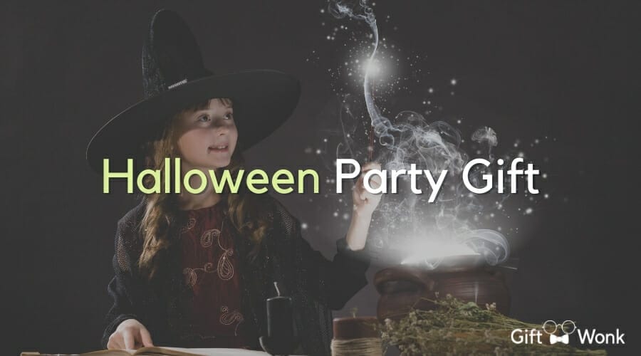 Halloween Party Gift title image with a girl in a witch costume in the background