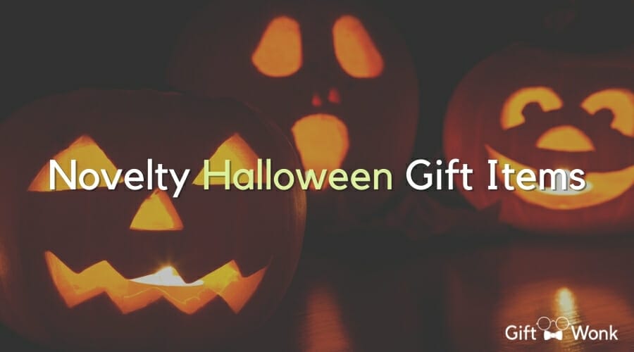 Novelty Halloween gift ideas title image with glowing jack o lantern background