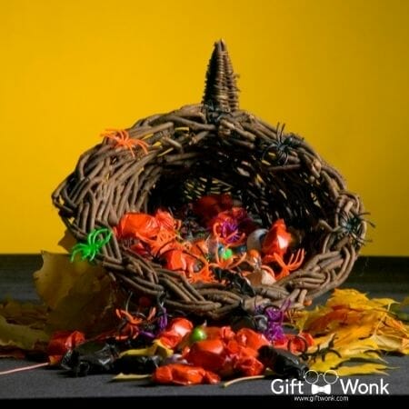 Halloween gift basket with treats and toy spiders