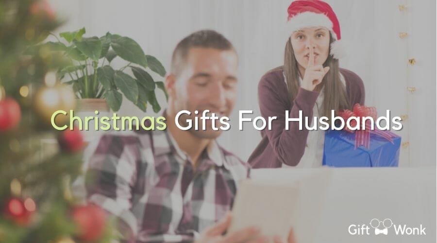 Christmas Gifts for Husbands title image with a couple in the background