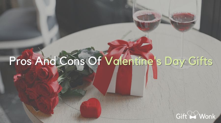 Pros and Cons of Valentine’s Day Gifts title image with a gift and flowers in the background